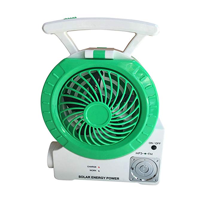 Multi-function Solar Fan Electric Outdoor Fishing Fan with Radio/MP3/Table Lamp/Torch/Cell Phone Charging Function for Camping Fishing and Entertainment (Green)