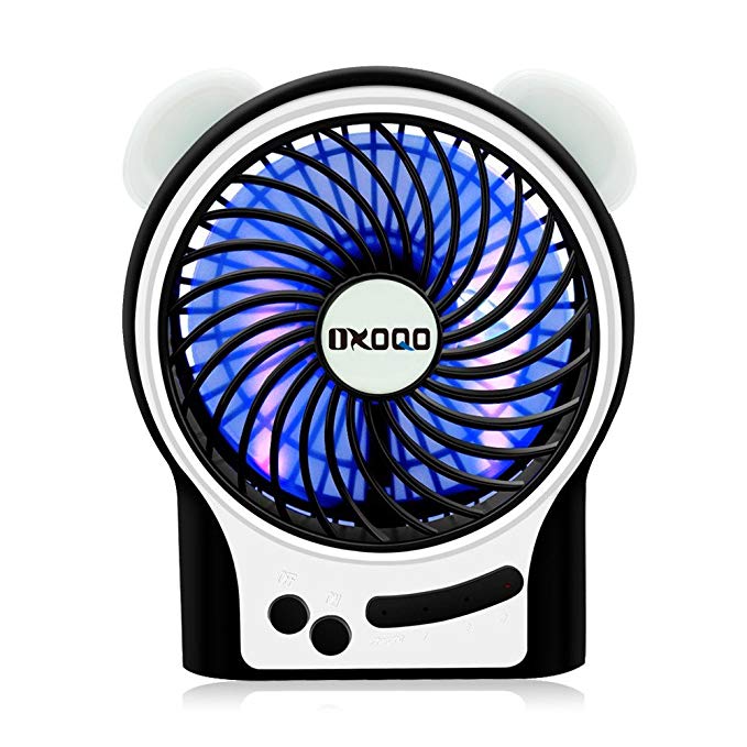 Portable USB Mini Fan, OXOQO Desk Desktop Table Electric Quiet Fan with LED Light, Built-in 2500mah Rechargeable Battery for Room Office Outdoor Travel Camping Car, Black