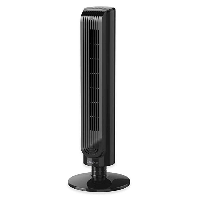Lasko 32-Inch 3-Speed Quiet Operation 90-Degree Oscillating Tower Fan with Multi-Function Remote Control in Black, features 8-Hour Timer in LED-lit Controls