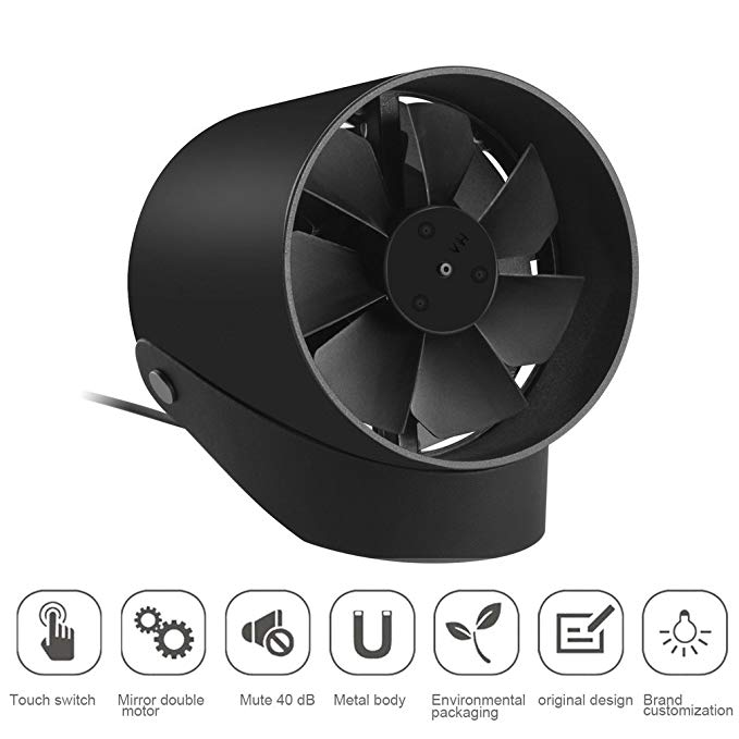 Mini USB Desktop Fan, Cozime Personal&Baby Touch Switch Cylinder Fan (for Dorm, Bedroom, Study etc., Dual Leaf,2 Speeds, 40 Db Mute, Metal Body, 3.3ft USB Cable), Matte Black