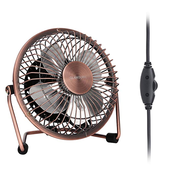 GLAMOURIC Metal Desk Fan Small Table Fan 4 Inch Mini Portable Size USB Powered Quiet Airflow Personal Cooler Air Circulator 360° Rotation for Office Home Study Travel (White)