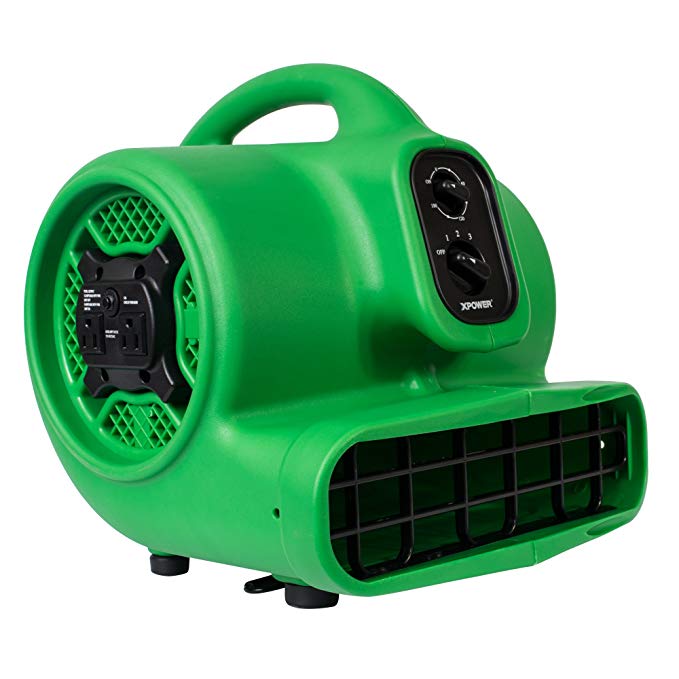 XPOWER P-430AT Medium Sized Air Mover, Carpet Dryer, Floor Blower, and Utility Fan- Features a Timer & Built-In Power Outlets – Green