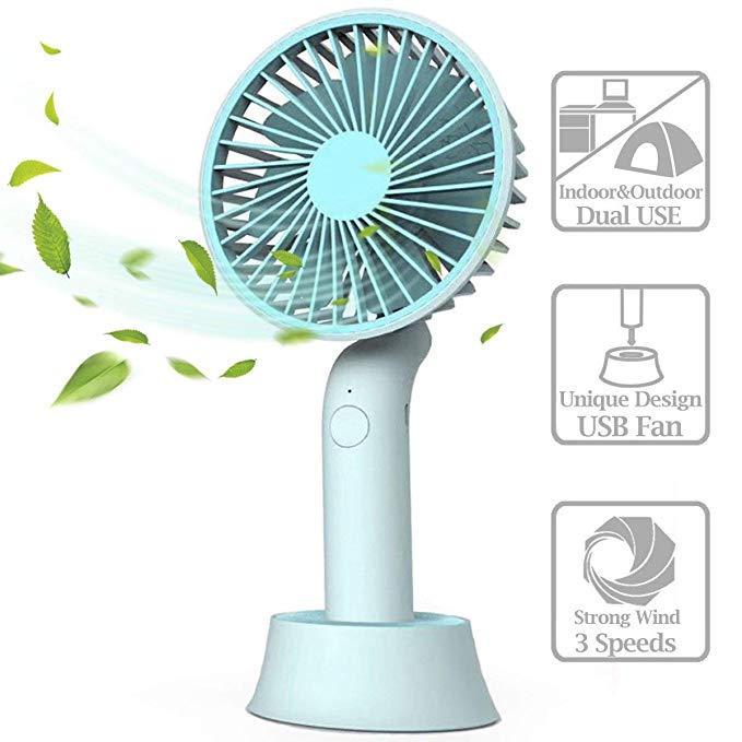 Mini Handheld Fan, Portable USB Fan with Dock, Dual Use Rechargeable Desktop Fan for Office, Outdoor, Camping, Beach etc, Personal Travel Accessories - (3 Speed, Blue) (Blue)