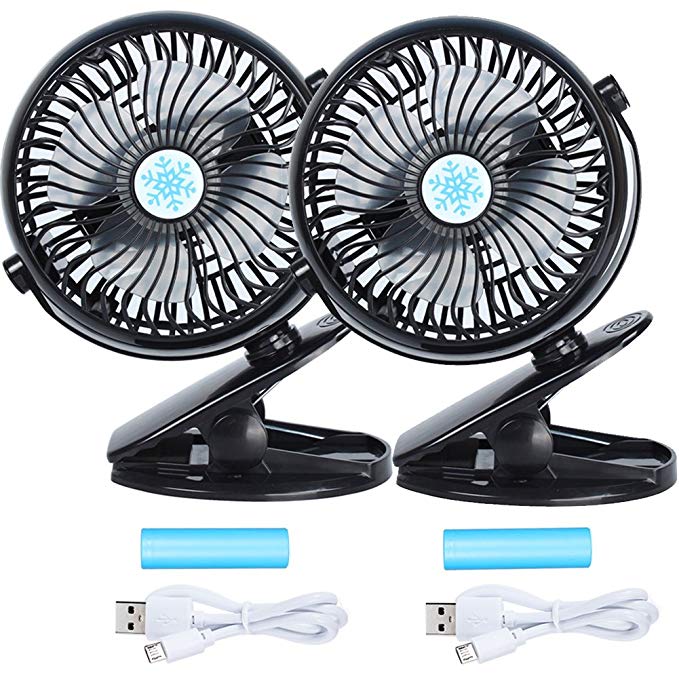 USB Clip Desk Personal Fan - Battery Operated Rechargeable 2800mAh Battery & USB Cable 360°Rotation,Adjustable Speed.Cooling Portable Mini Fan Baby Stroller,Office,Gym,Travel(Black, 2 Pack)