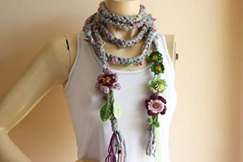 Grey Crochet Scarf-Lariat Necklace Scarf- Pink,Purple,Lavender Scarf-Flowers and Leaves Scarf-Hippie Scarf