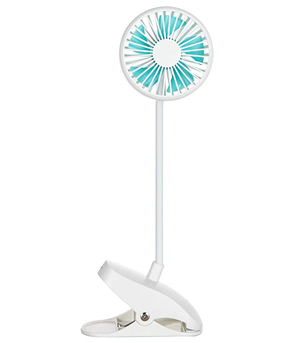 Battery Operated Clip On Mini Desk USB Fan With Rechargeable Battery & USB Cable. 360°Rotation Cooling Portable Small Stroller Fan for Baby, Car Seat, Gym, Travel, Treadmill (White)